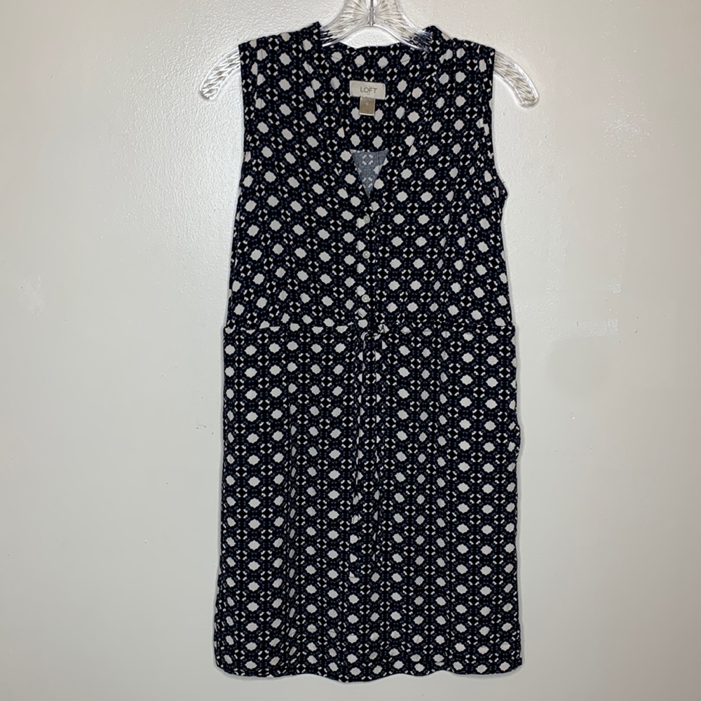 LOFT Outlet Dress Blue & Black Partial Button Drawstring Waist Summer XS